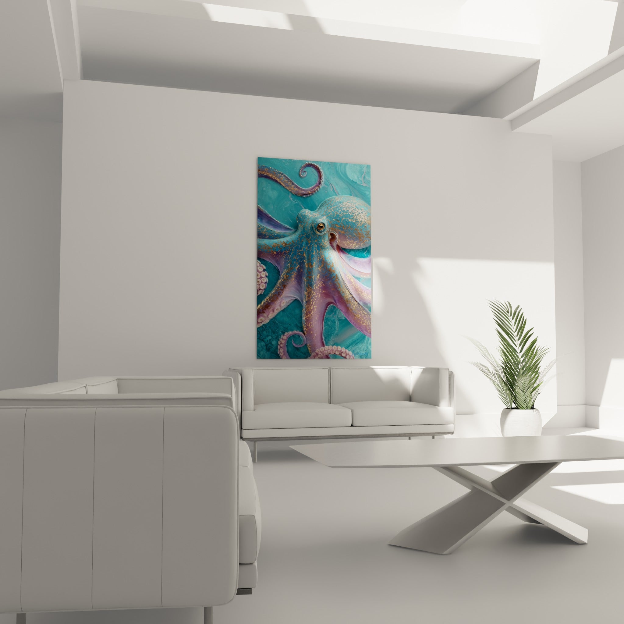 Œil doré du poulpe turquoise et courbes mauves suspendues au-dessus d'un canapé dans un salon lumineux.