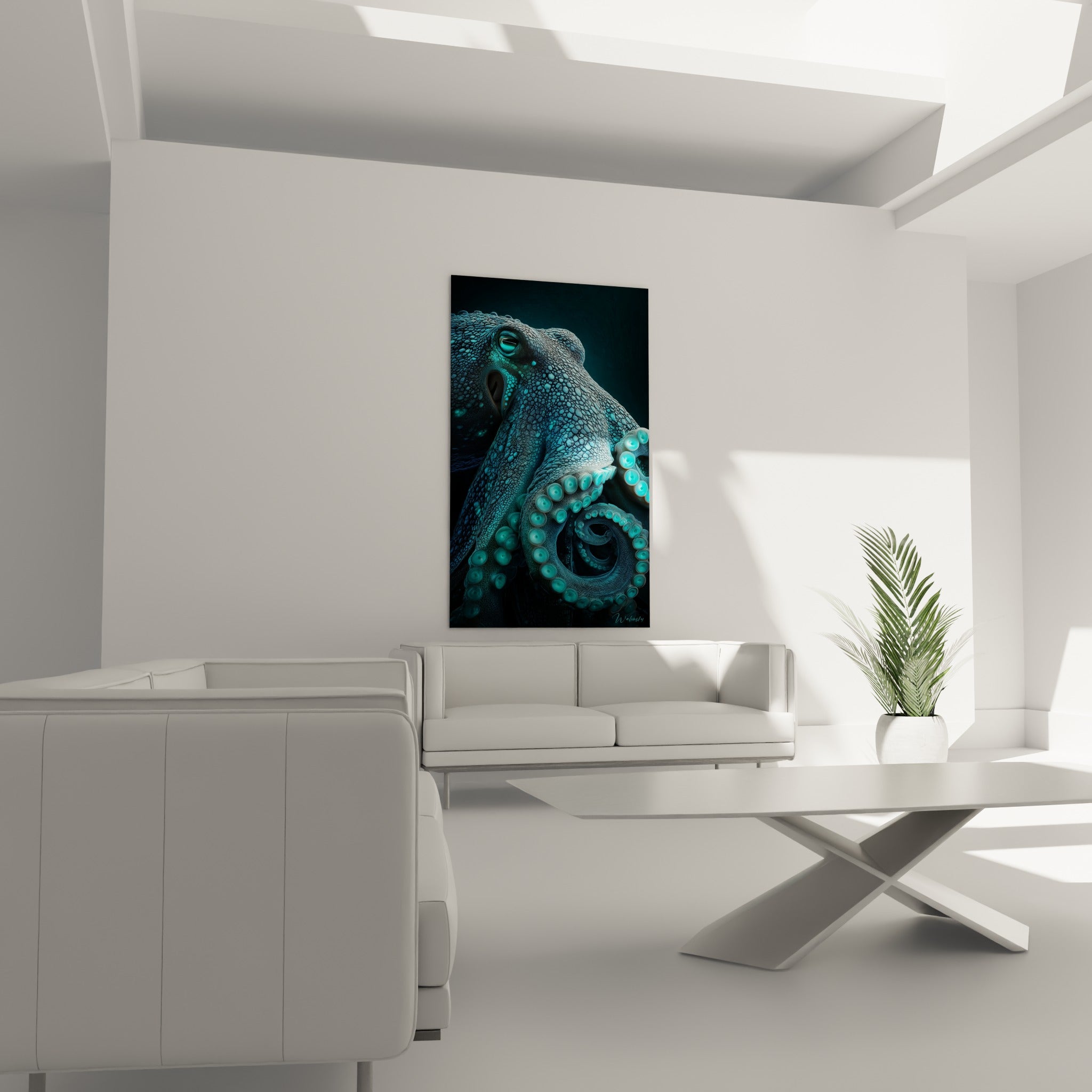 Œil perçant du poulpe bleu nuit accroché au-dessus d'un canapé dans un salon lumineux