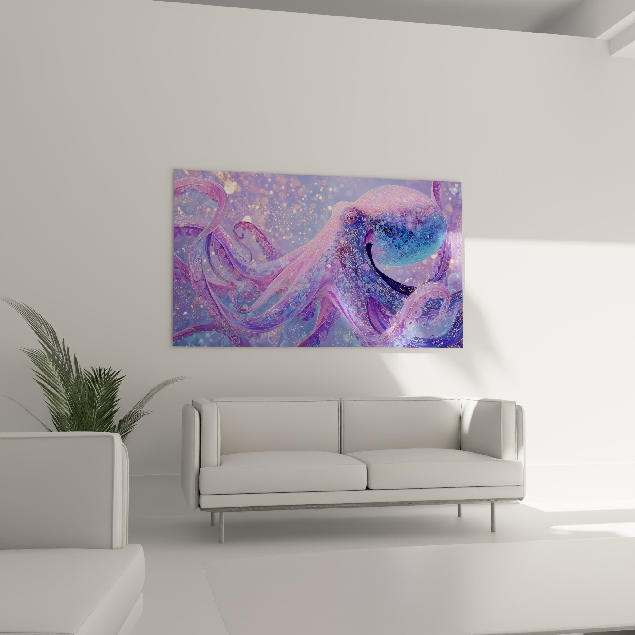 Œil sombre du poulpe entouré de bleu profond et rose pastel au-dessus d'un canapé dans un salon lumineux