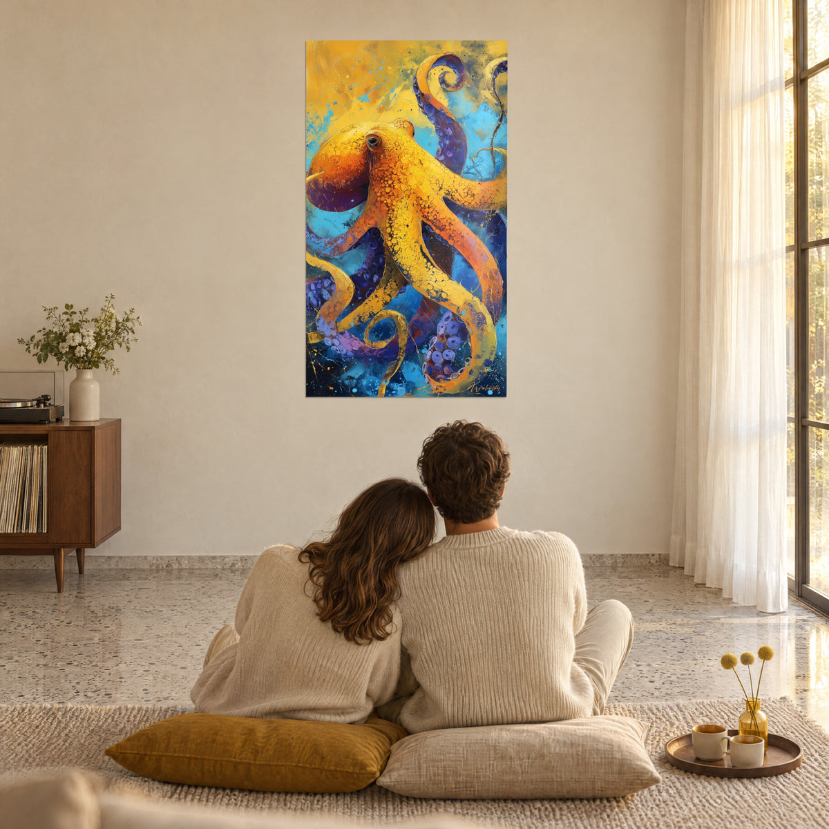 Gemälde Krake orangefarben und mitternachtsblau mit spiralförmigen Tentakeln, ein umschlungenes Paar von hinten auf senfgelben Kissen, sonnendurchflutetes Wohnzimmer