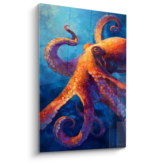 Tableau Poulpe orange aux tentacules bleu marine - Rencontre des abysses - Edition Poulpe