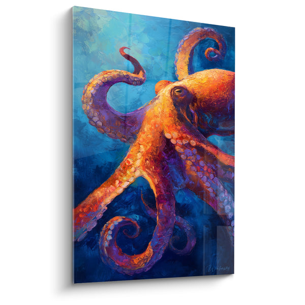 Tableau Poulpe orange aux tentacules bleu marine - Rencontre des abysses - Edition Poulpe