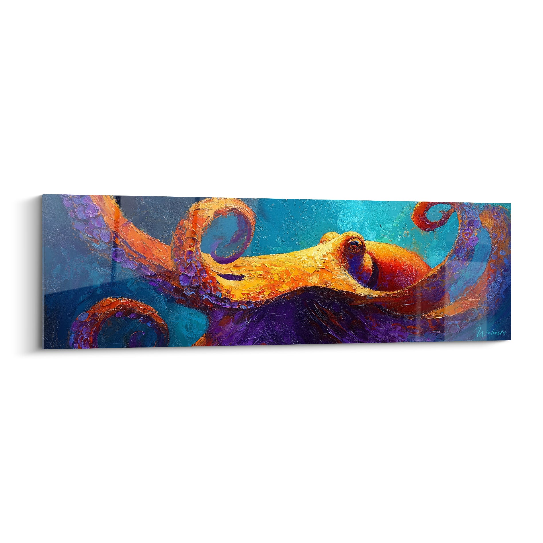 Poulpe orange aux tentacules violets enroulés sur fond bleu turquoise, peinture à l'huile texturée
