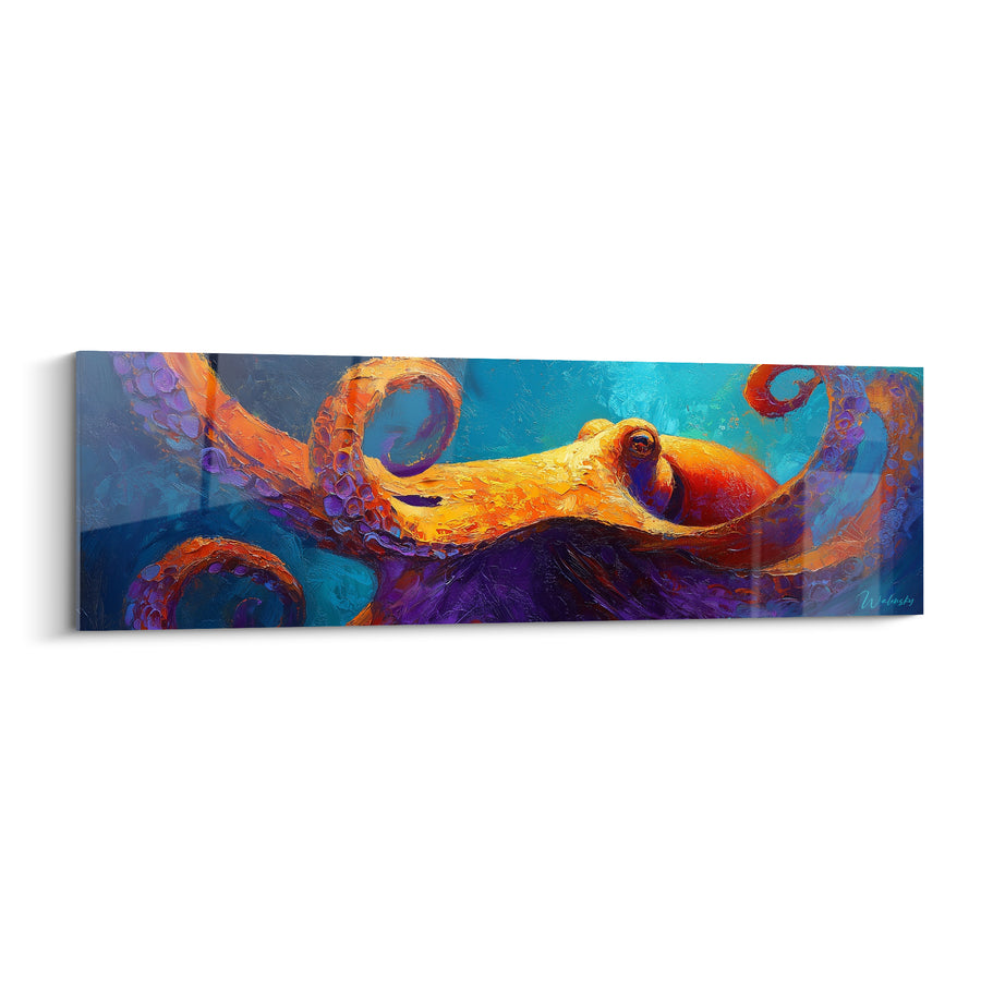 Tableau Poulpe orange et violet tentacules enroulées en spirales - Œil rouge perçant - Edition Poulpe