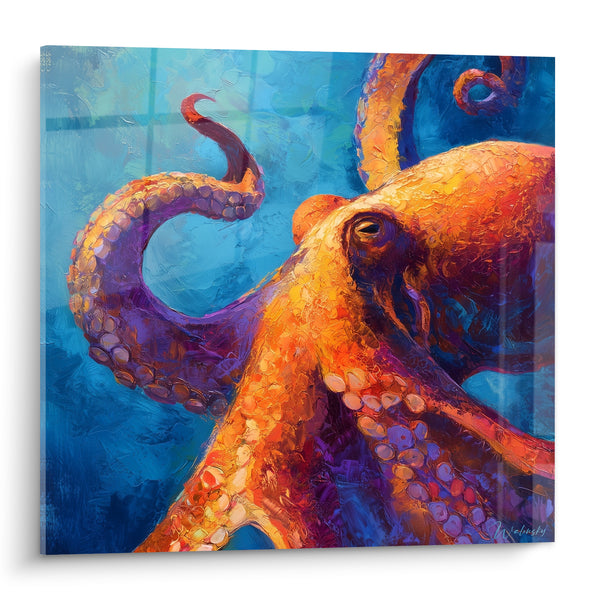 Tableau Poulpe orange aux tentacules bleu profond - Étreinte des profondeurs - Edition Poulpe