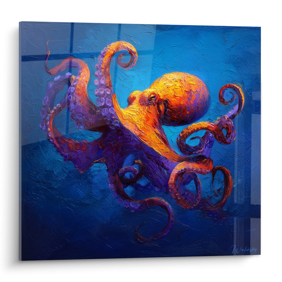Tableau Poulpe orange aux tentacules violettes spiralées - Fond bleu texturé - Edition Poulpe