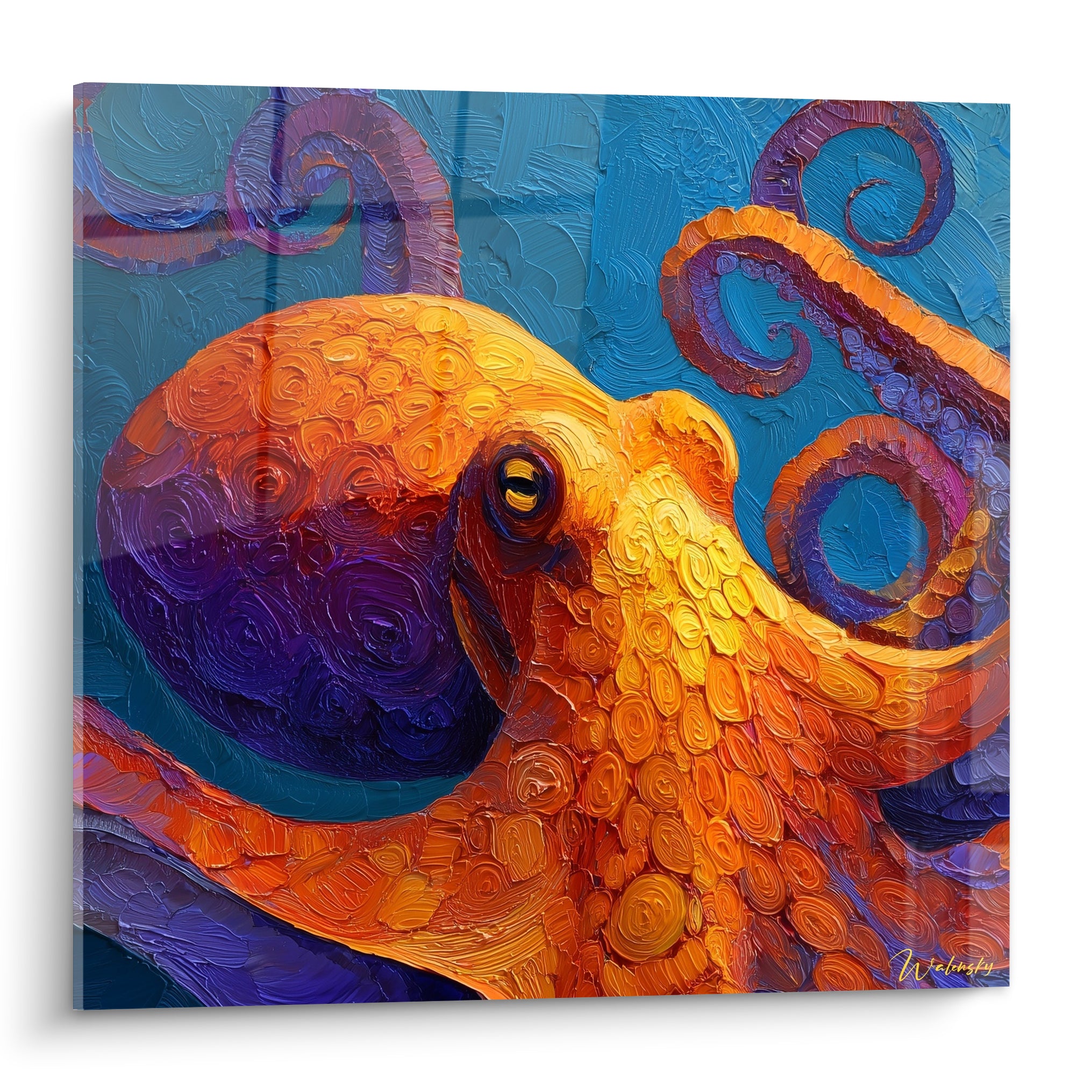 Poulpe orange et violet aux ventouses texturées, tentacules en spirale sur fond bleu pétrole