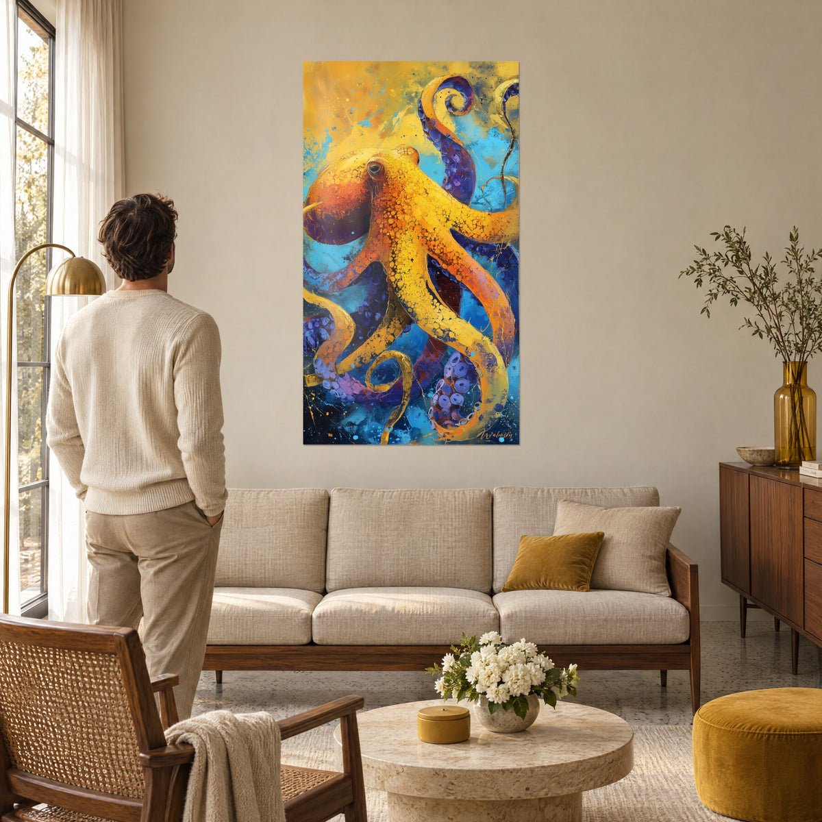 Gemälde Krake gelb-golden mit violetten Saugnäpfen auf türkisblauem Hintergrund, ein Mann von hinten, über einem Sofa in einem hellen Wohnzimmer