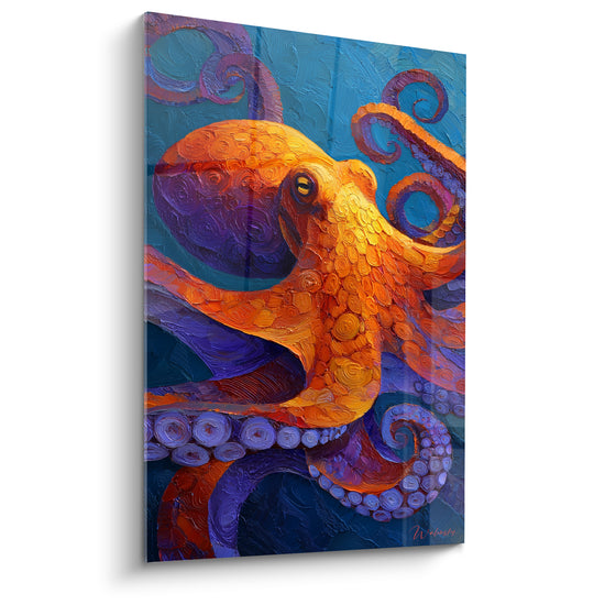 Tableau Poulpe orangé aux tentacules violettes en volutes serrées - Empâtements de peinture épais - Edition Poulpe