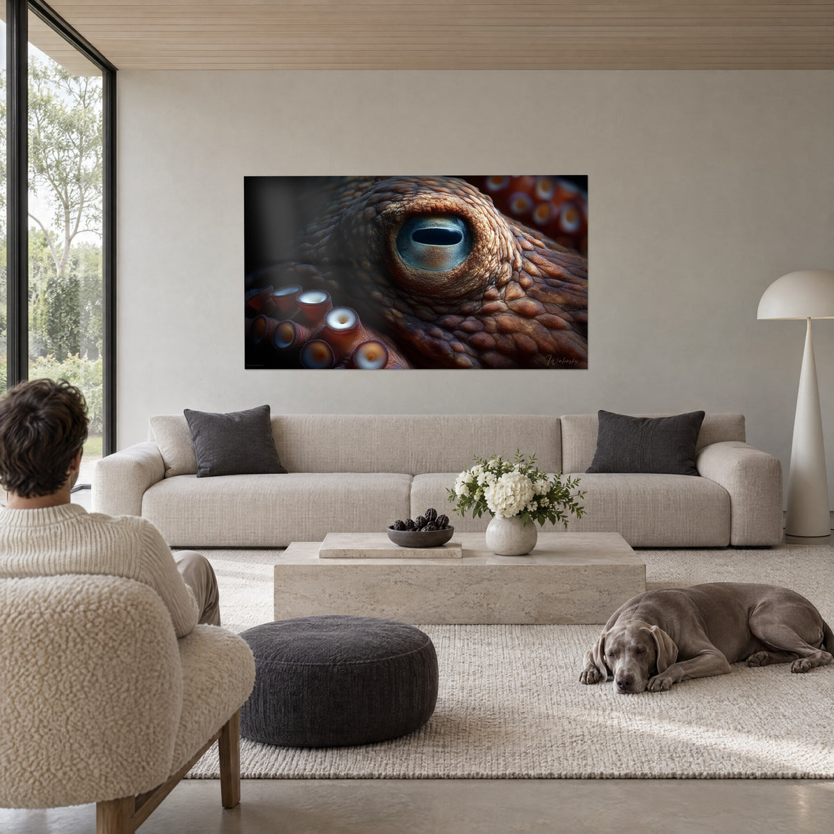 Tableau pupille horizontale d'un poulpe, iris bleu turquoise et peau brune granuleuse, au-dessus d'un canapé dans un salon lumineux