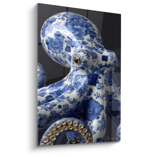 Tableau Poulpe porcelaine bleu et blanc oeil doré - Ventouses cerclées d'or - Edition Poulpe