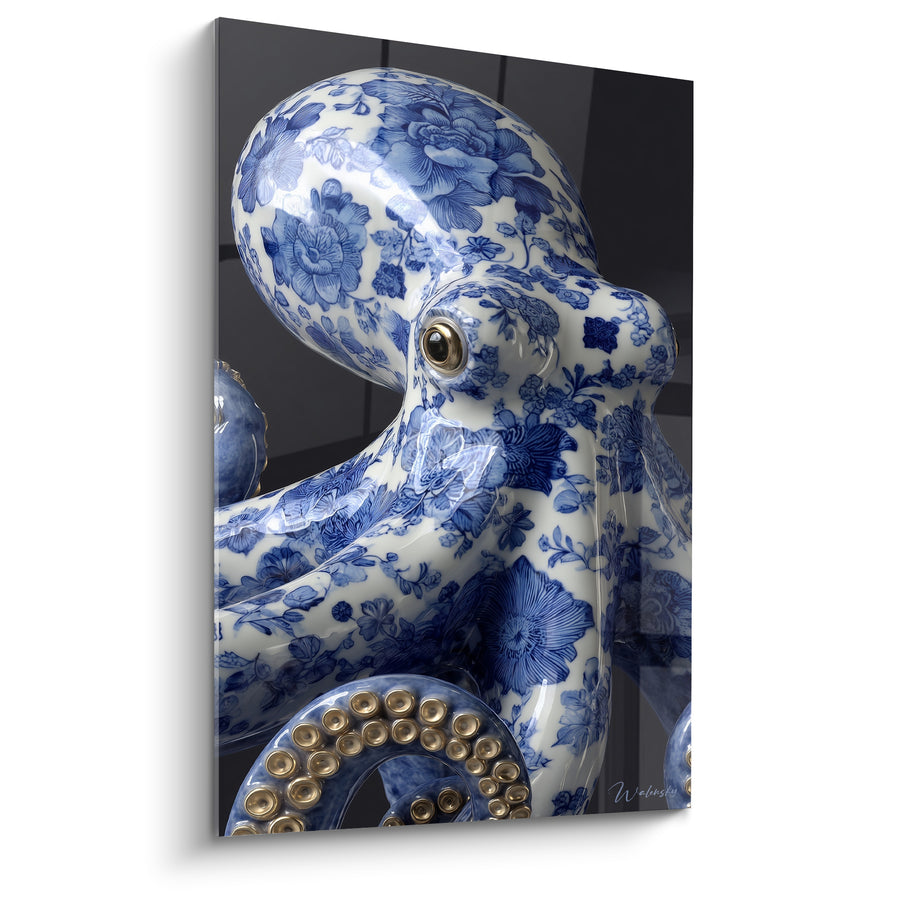 Tableau Poulpe porcelaine bleu et blanc oeil doré - Ventouses cerclées d'or - Edition Poulpe