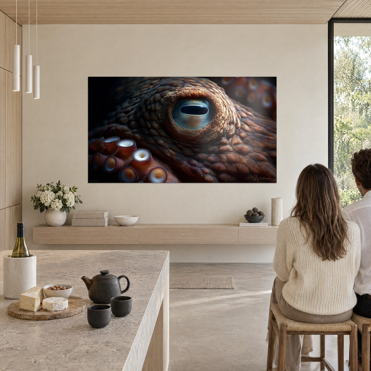 Tableau géant œil de pieuvre turquoise serti de brun cuivré, contemplé de dos depuis un tabouret de cuisine, mur blanc