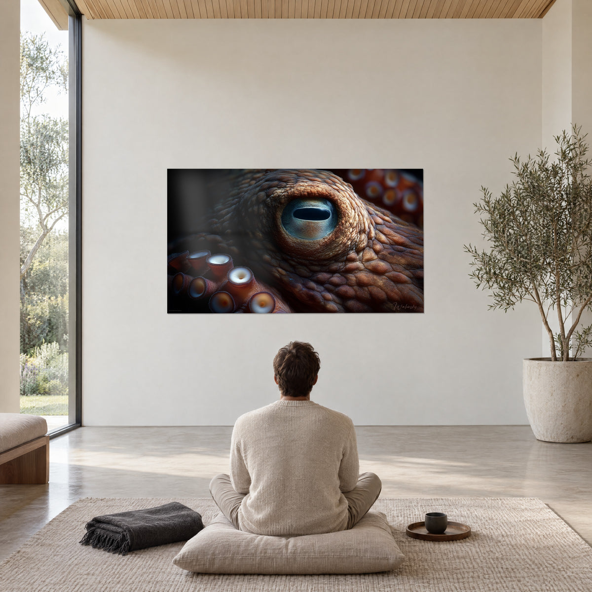 Tableau fixe regard abyssal d'un poulpe, iris bleu turquoise sur peau brune, devant un homme assis en méditation de dos