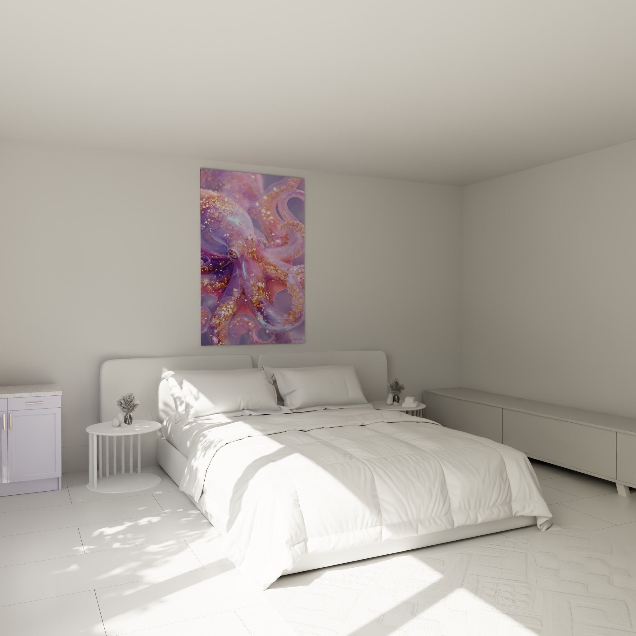 Créature marine mauve et rose scintillante d'or au-dessus d'un lit dans une chambre claire