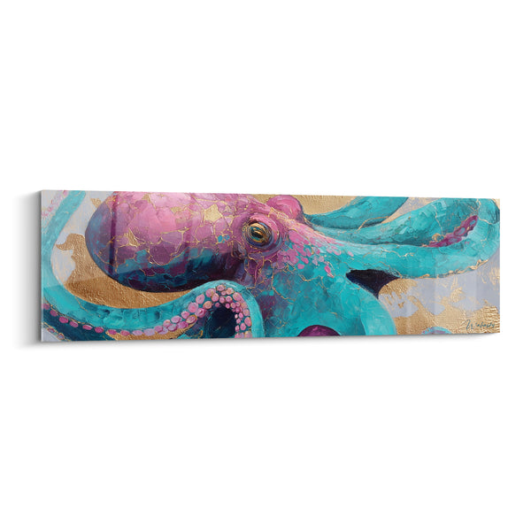 Tableau Poulpe rose et turquoise aux ventouses mauves alignées - Fond craquelé doré - Edition Poulpe