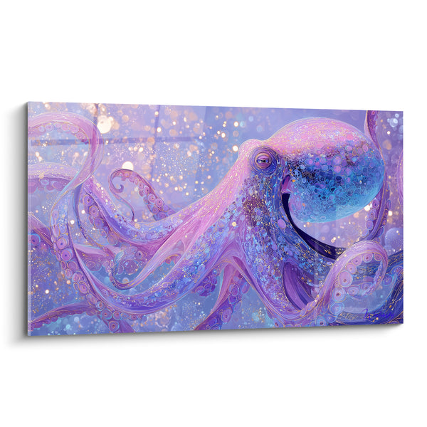 Tableau Poulpe rose et bleu aux bulles scintillantes - Oeil violet perçant - Edition Poulpe