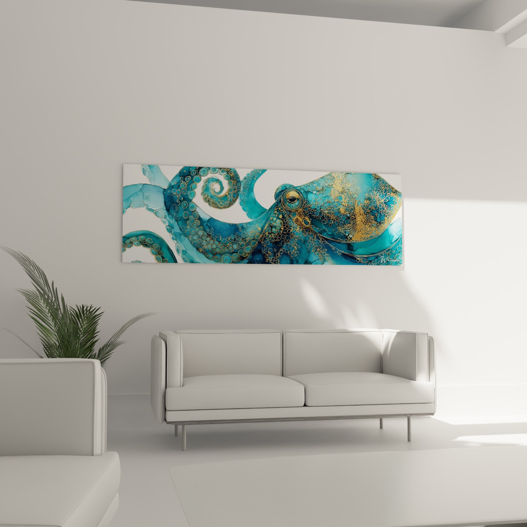 Tentacules bleu marine et dorés d'un poulpe stylisé, disposés au-dessus d'un canapé dans un salon lumineux