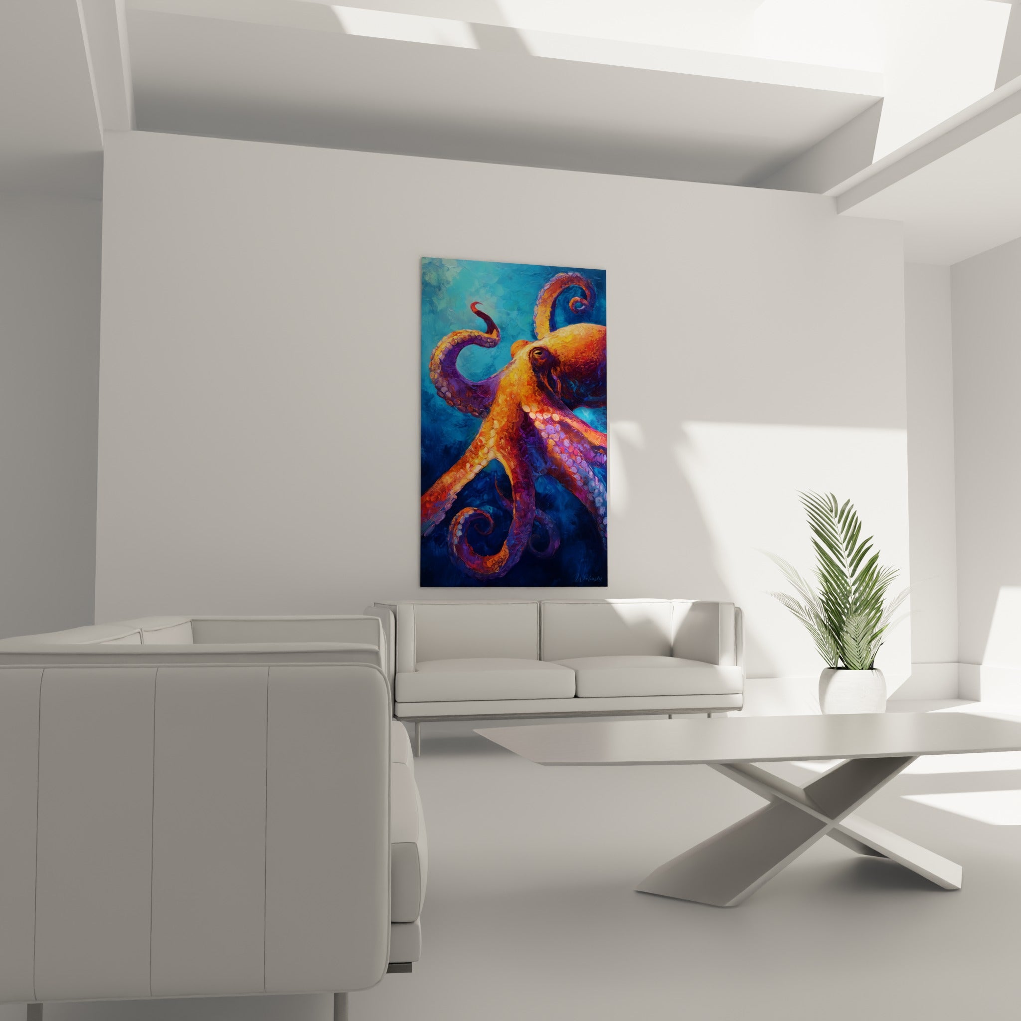 Tentacules orange et bleu marine du poulpe en spirale, tableau au-dessus d'un canapé dans un salon lumineux