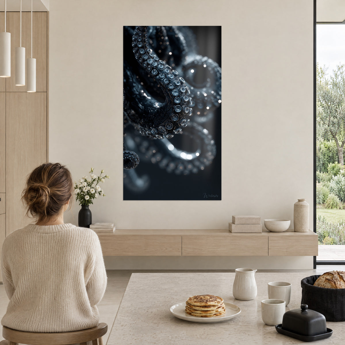 Schilderij diepzeewezen met parelmoerkleurige zuignappen, staalblauwe en zwarte reflecties, heldere muur naast een ontbijttafel