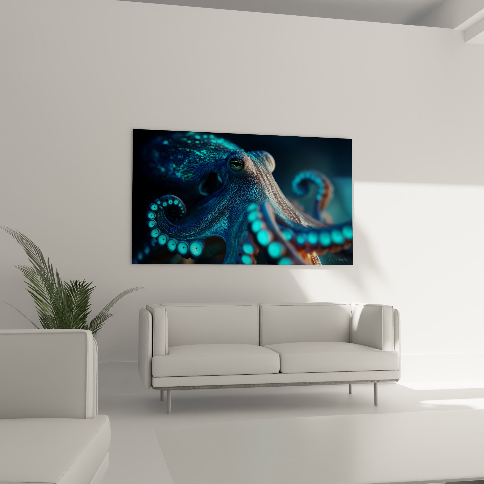 Tentacules enroulées aux ventouses lumineuses turquoise et peau cuivrée au-dessus d'un canapé dans un salon lumineux