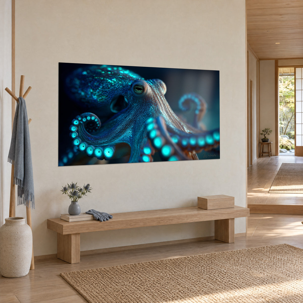 Quadro cefalopode dai tentacoli arrotolati, pelle blu notte punteggiata di ocra, ventose fosforescenti, corridoio japandi in legno