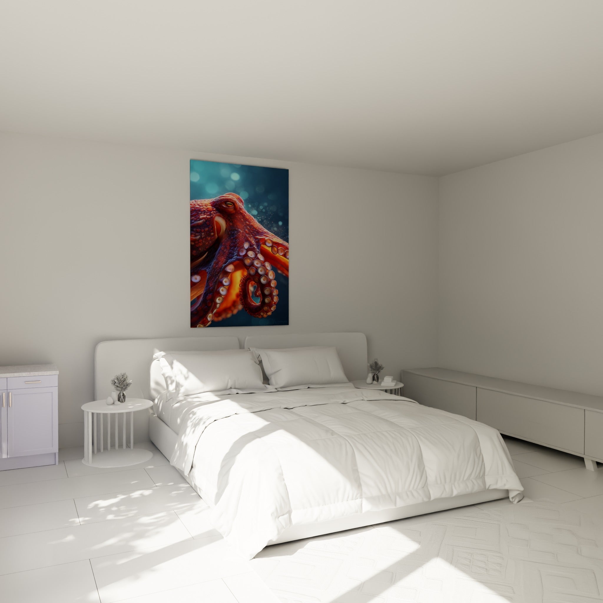 Tentacules orangés enroulés d'un poulpe fauve, accrochés au-dessus d'un lit dans une chambre claire