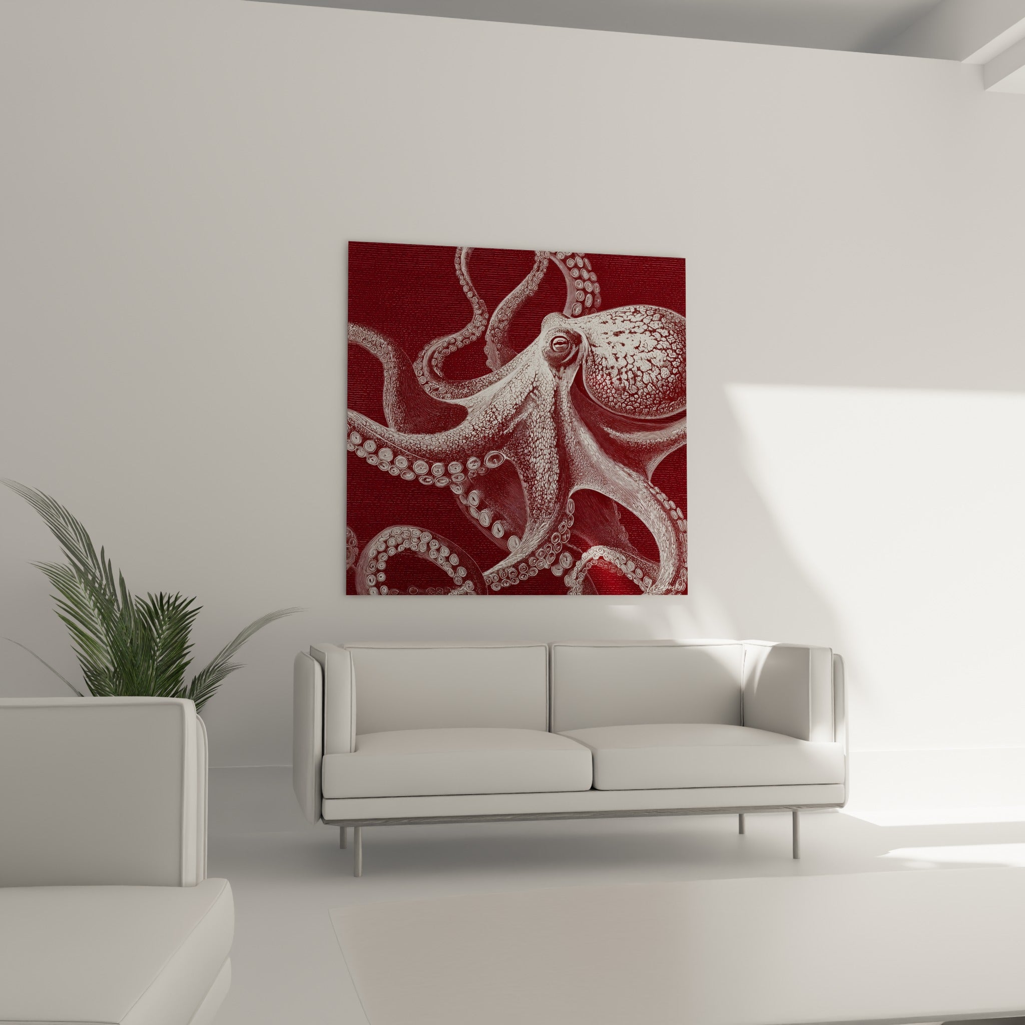 Tentacules blancs entrelacés sur fond bordeaux intense au-dessus d'un canapé dans un salon lumineux