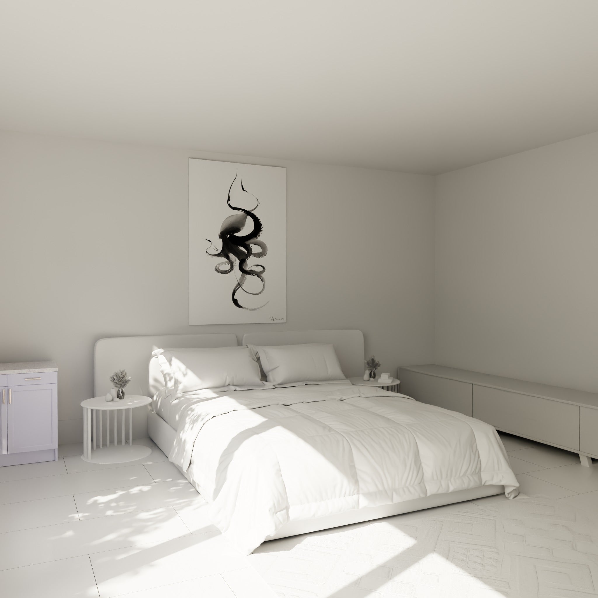 Tentacules noirs enroulés d'un poulpe graphique accrochés au-dessus d'un lit dans une chambre claire