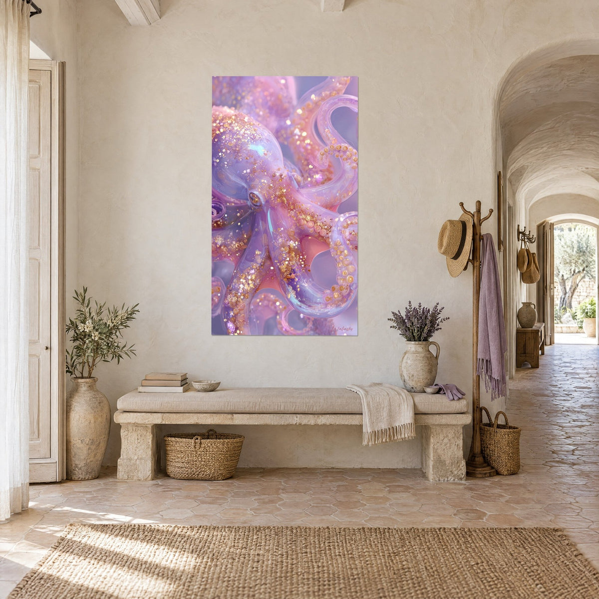 Wall art translucent mauve and pink cephalopod, sparkling gold suckers, hung at the end of a vaulted hallway in a Provençal farmhouse