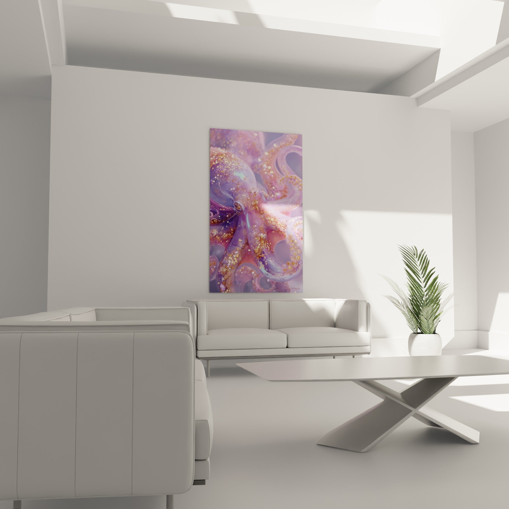 Tentacules translucides mauve et doré enlacés au-dessus d'un canapé dans un salon lumineux