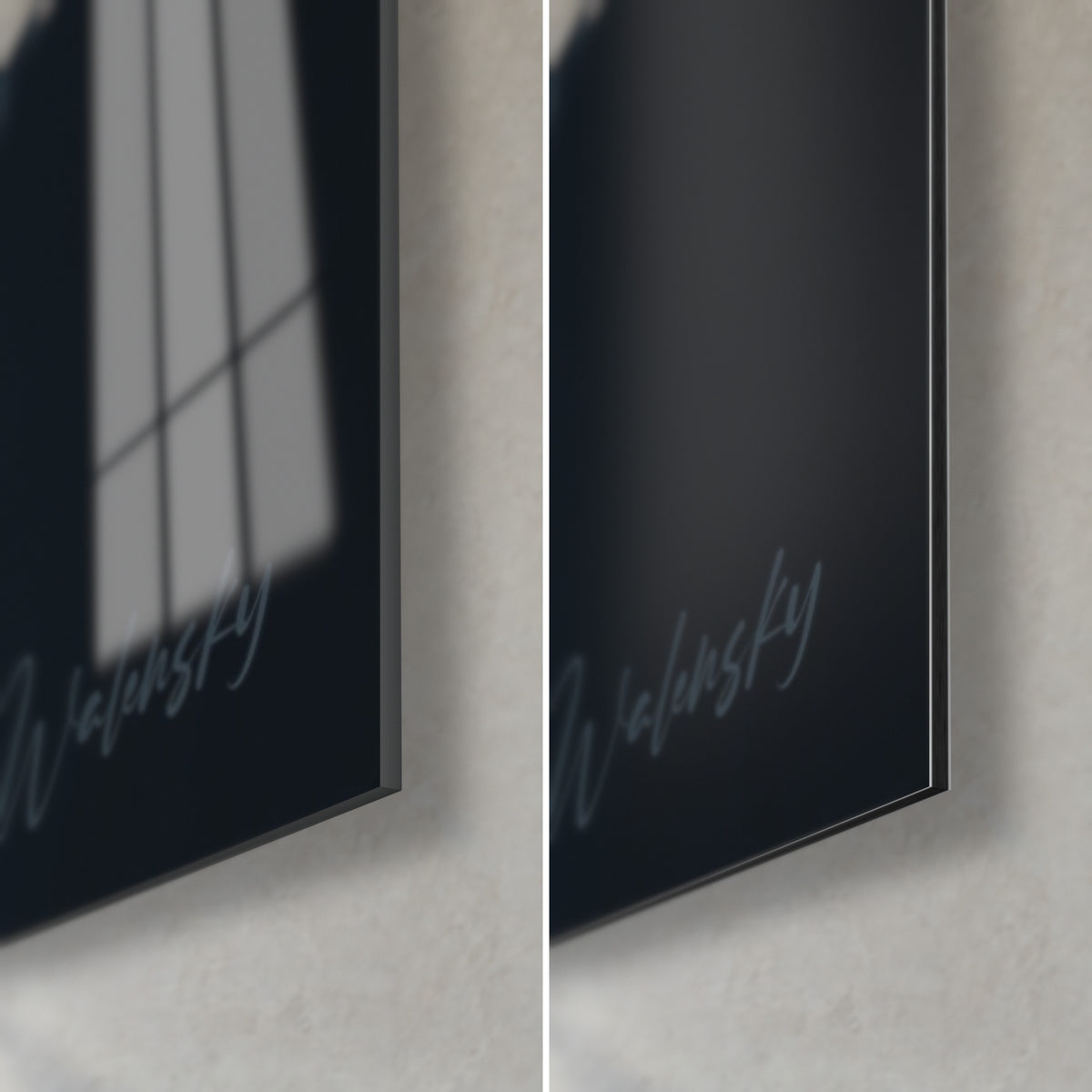 Schilderij abyssale koppotige in nachtblauw, rechteronderhoek: glanzend acrylglas links, mat Dibond-aluminium rechts, rand van 3 mm