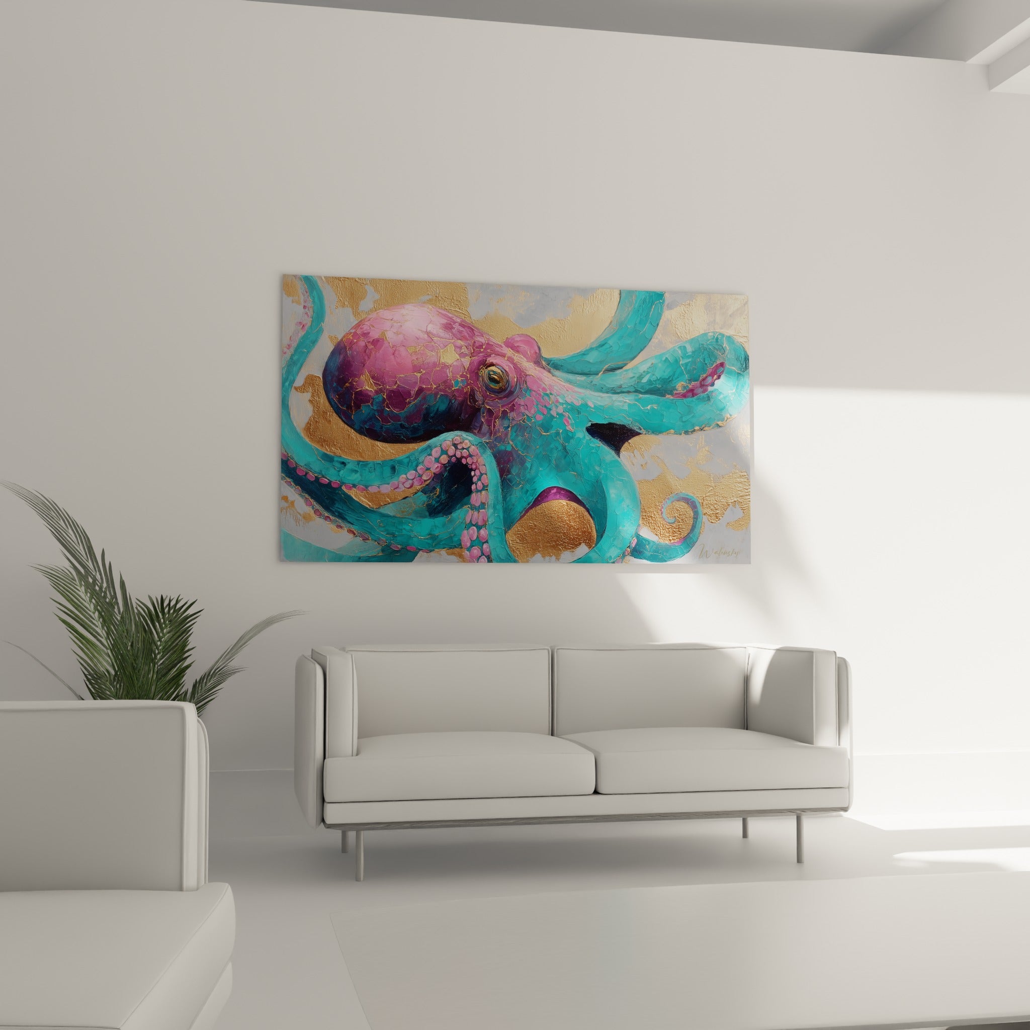 Créature marine dorée et turquoise aux ventouses roses au-dessus d'un canapé dans un salon lumineux