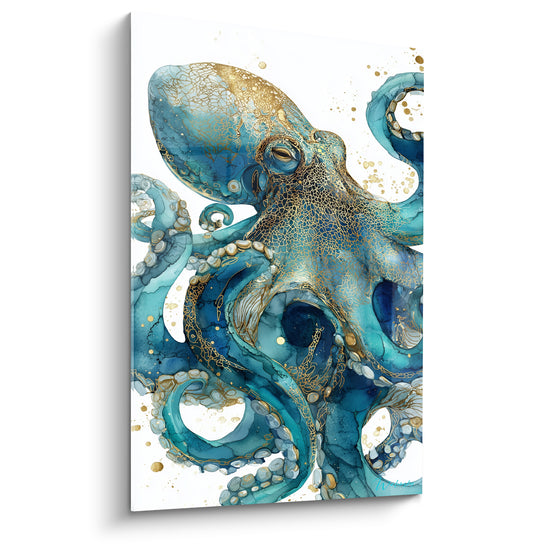 Tableau Poulpe turquoise et doré aux craquelures dorées - Fond blanc éclaboussé - Edition Poulpe