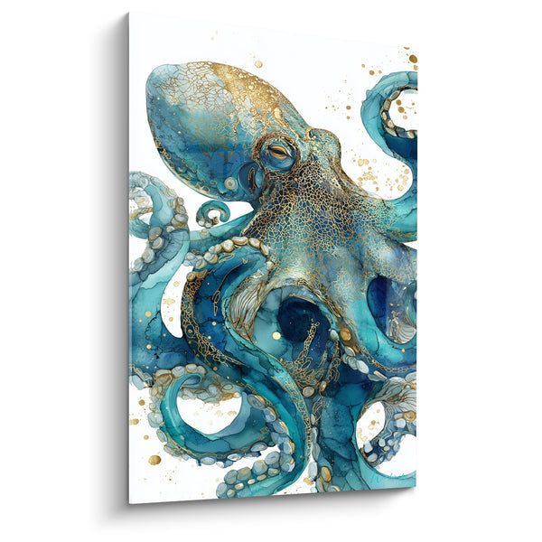 Tableau Poulpe turquoise et doré aux craquelures dorées - Fond blanc éclaboussé - Edition Poulpe
