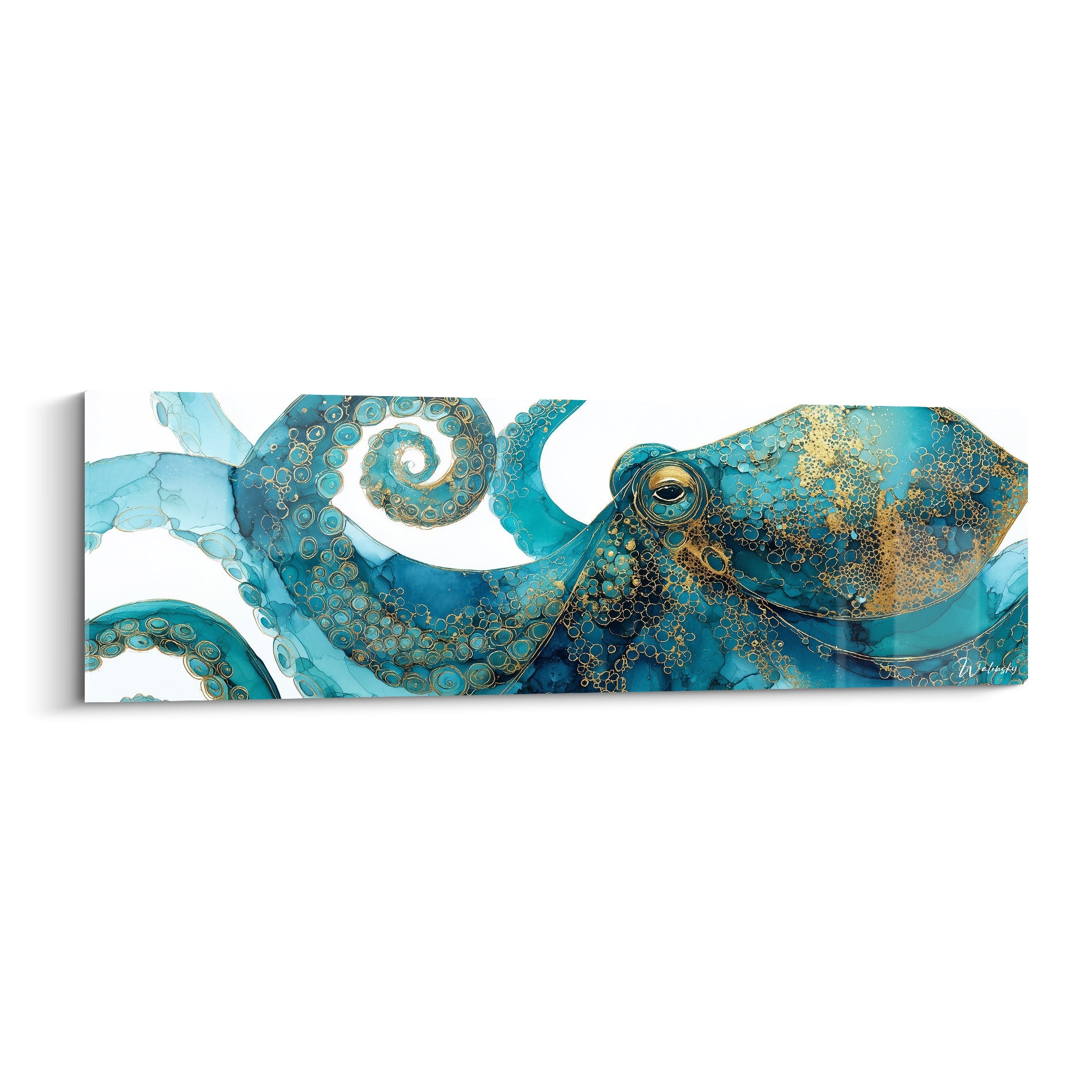 Poulpe turquoise et doré aux tentacules enroulées, technique encre fluide sur fond blanc