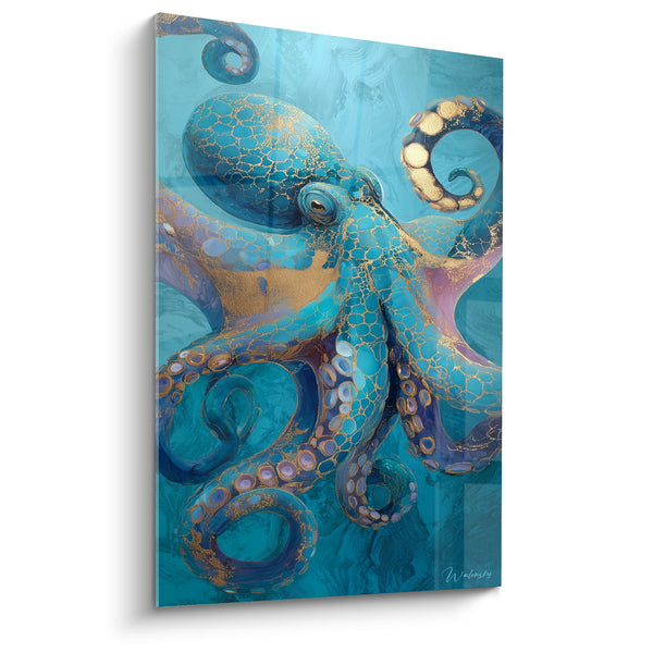 Tableau Poulpe turquoise et doré aux tentacules enroulés - Étreinte abyssale - Edition Poulpe
