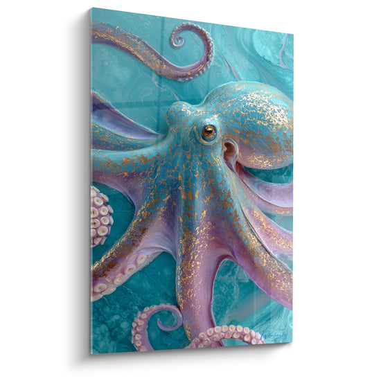 Tableau Poulpe turquoise et mauve aux craquelures d'or - Tentacule enroulé en spirale - Edition Poulpe