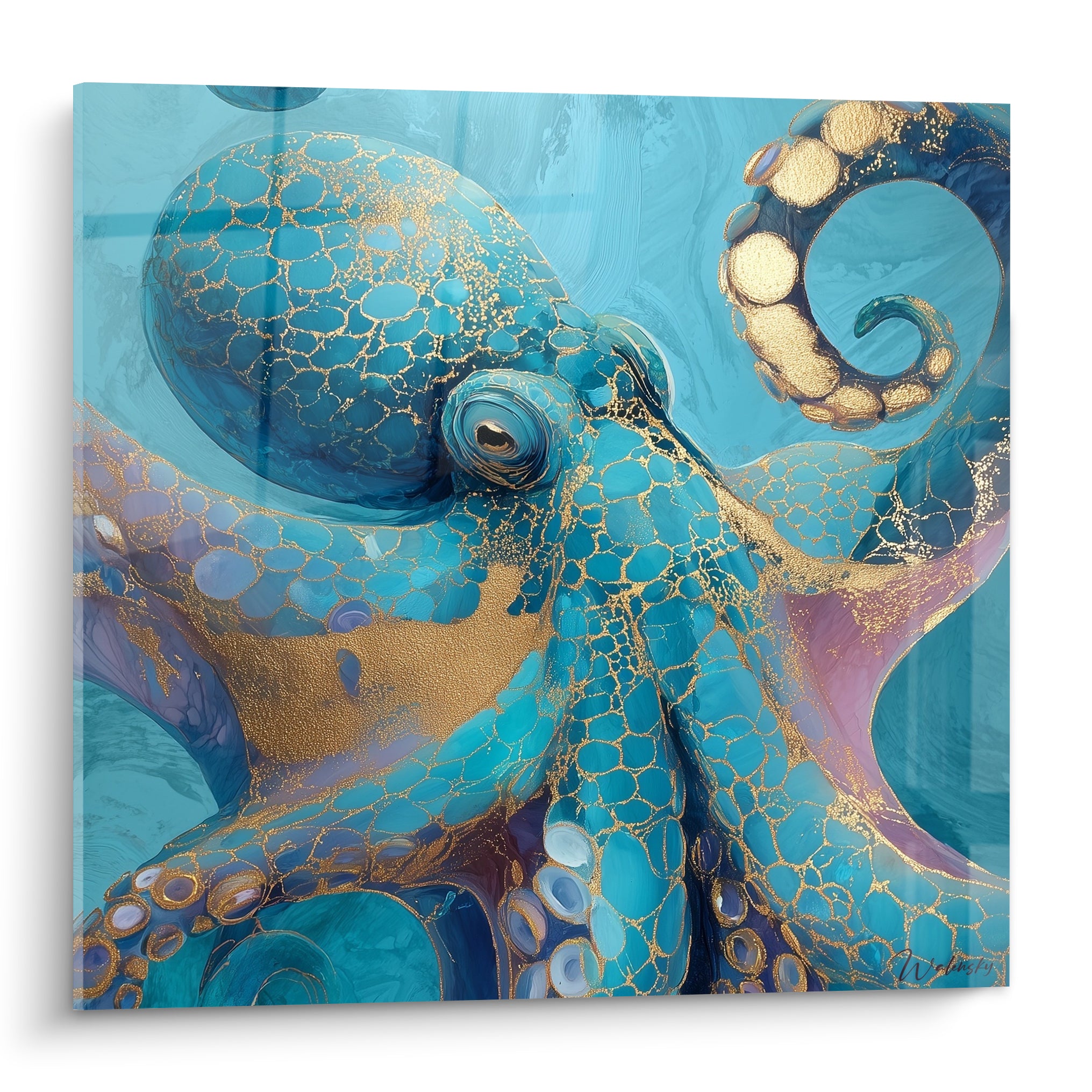 Poulpe turquoise et doré aux tentacules déployés, œil perçant, texture précieuse et brillante