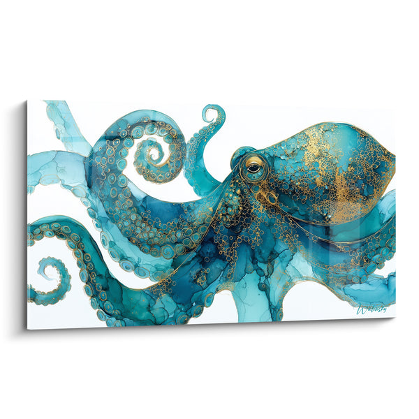 Tableau Poulpe turquoise aux ventouses dorées - Dérive abyssale - Edition Poulpe