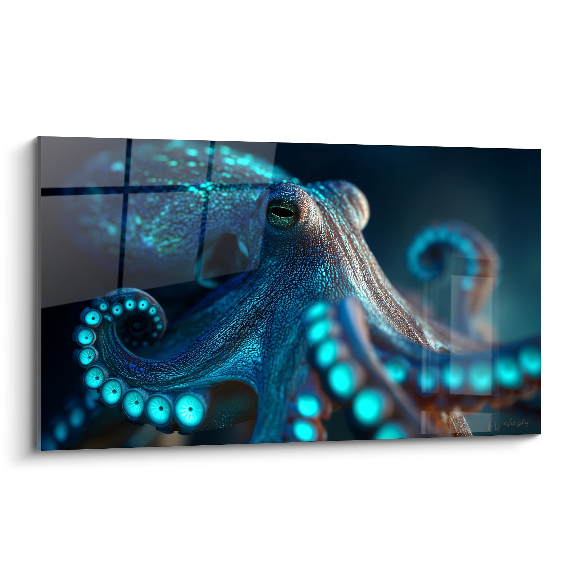 Poulpe aux tentacules cuivrées et ventouses turquoise fixant l'objectif dans un décor abyssal anthracite