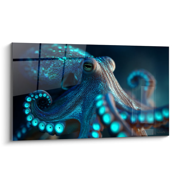 Tableau Poulpe brun et bleu turquoise ventouses lumineuses - Œil perçant fluorescent - Edition Poulpe