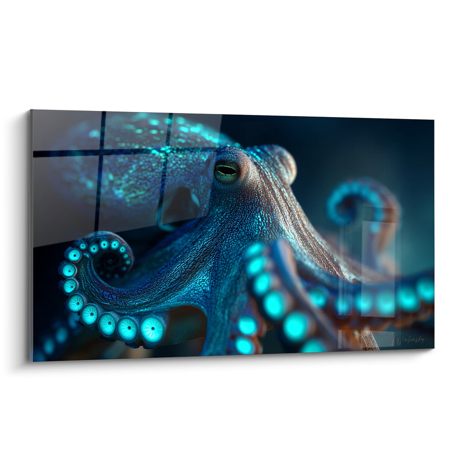 Tableau Poulpe brun et bleu turquoise ventouses lumineuses - Œil perçant fluorescent - Edition Poulpe