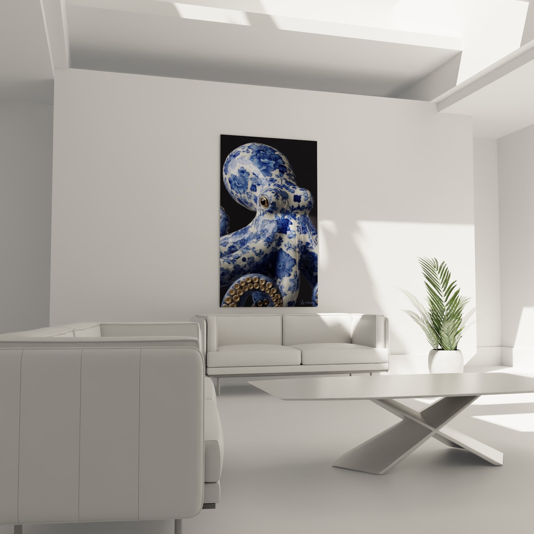 Tête de poulpe blanche et bleu marine ornée de fleurs, suspendue au-dessus d'un canapé dans un salon lumineux