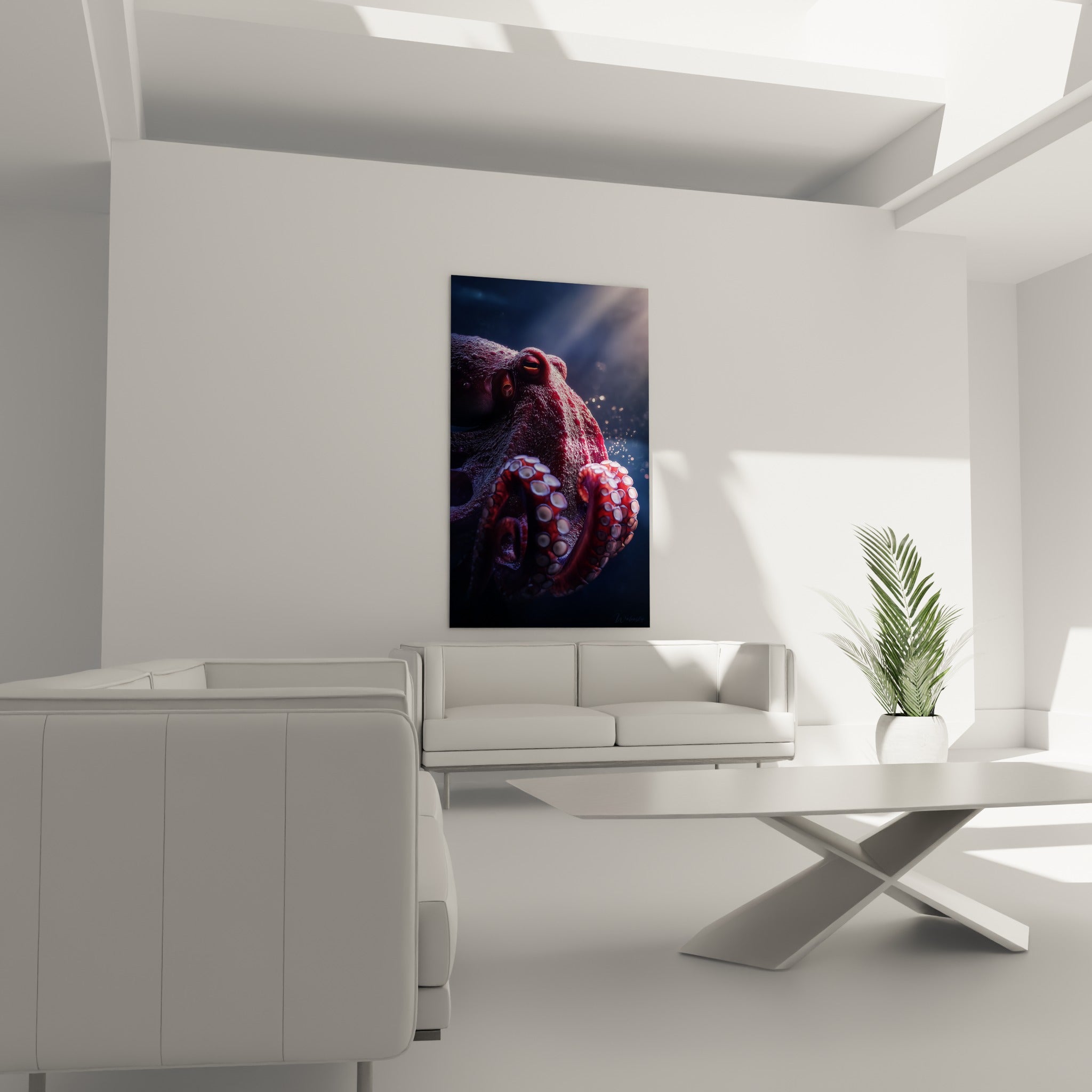 Tentacules rouges et reflets dorés d'un poulpe au-dessus d'un canapé dans un salon lumineux