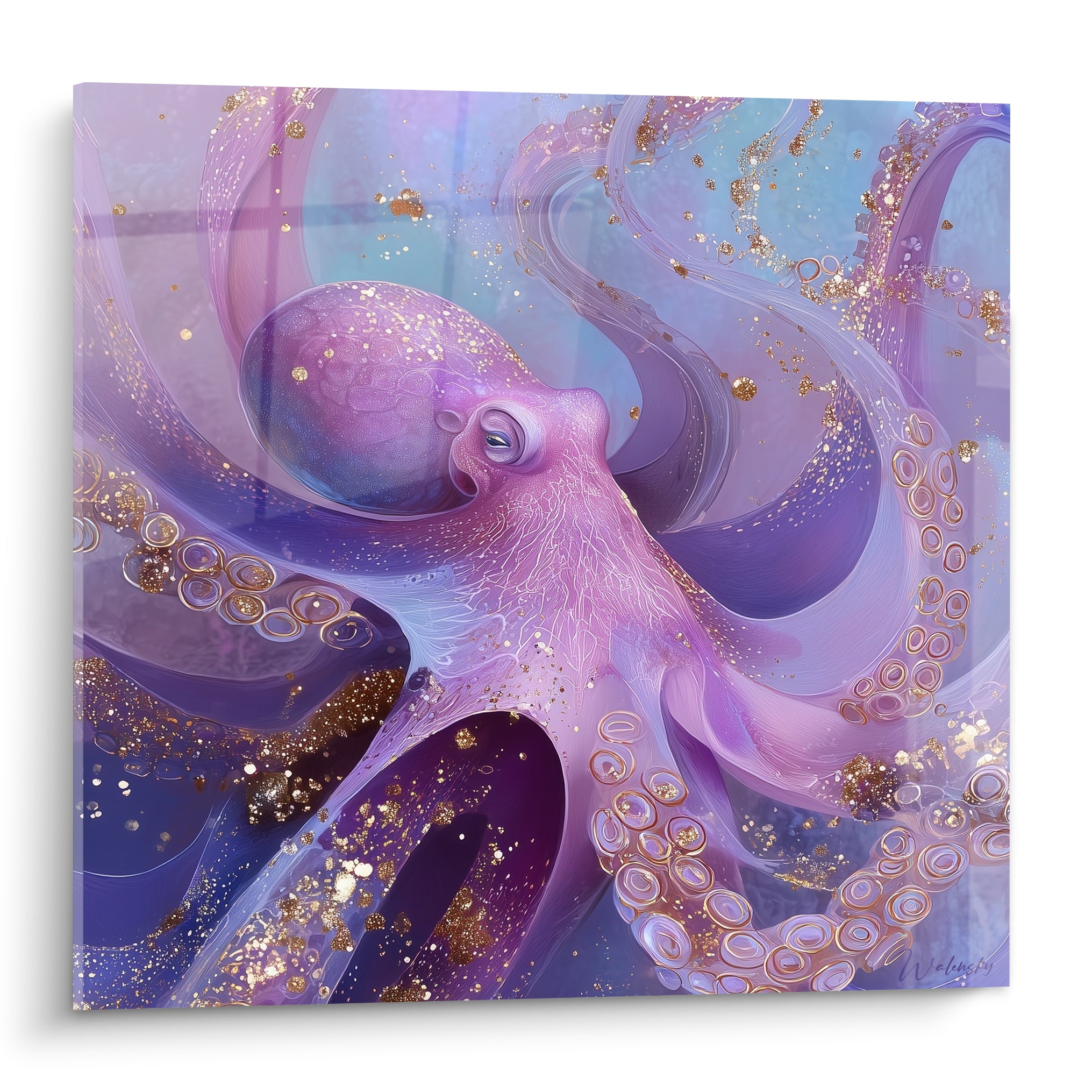 Poulpe violet et doré aux tentacules ondulantes, ventouses cerclées d'or sur fond bleu nuit