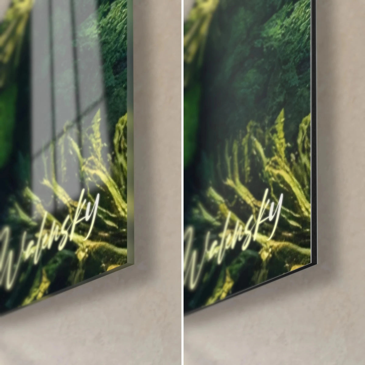 Gemälde Fichtenwipfel in Olivgrün und Goldgelb, untere rechte Ecke, glänzendes Acrylglas links, matte Dibond-Platte rechts