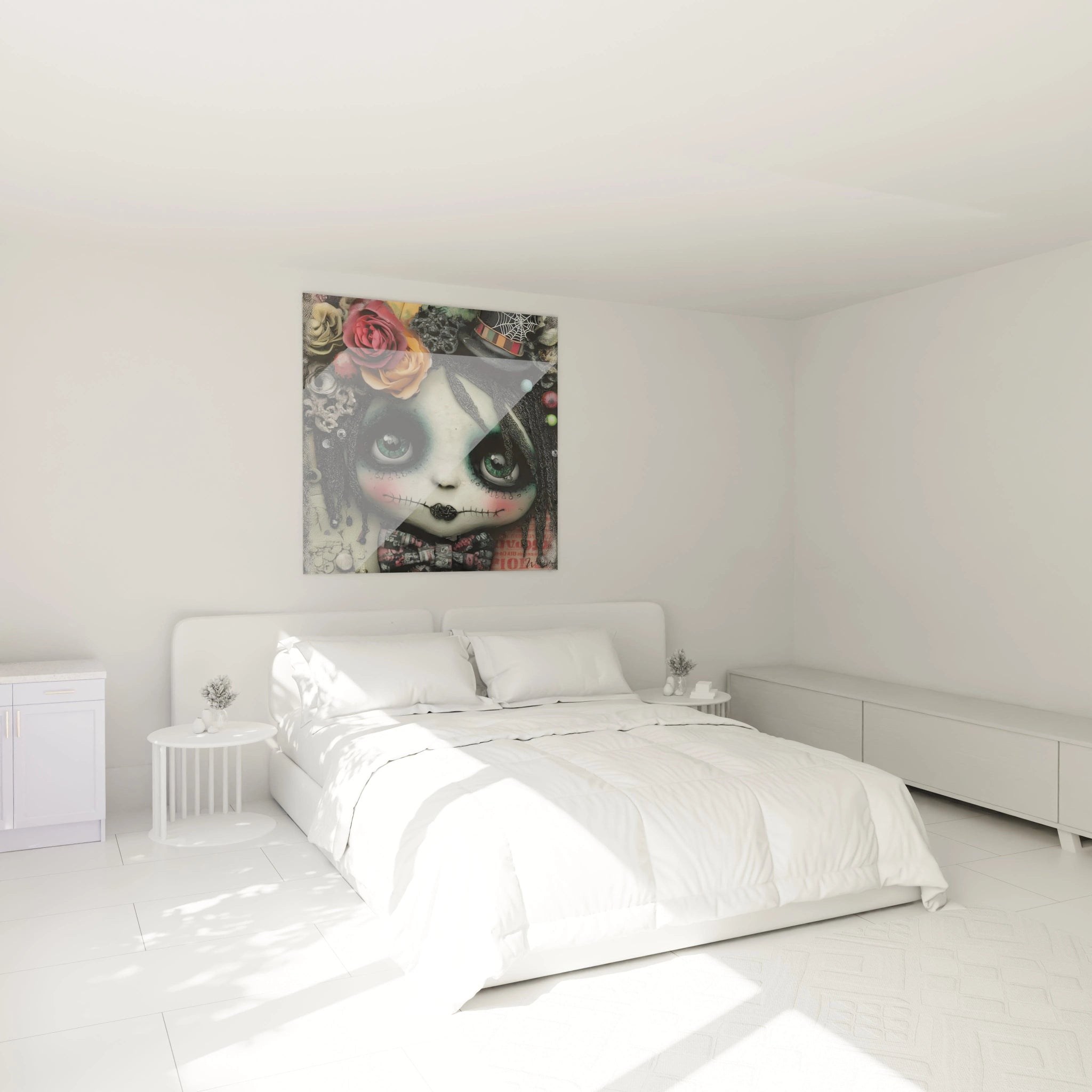 tableau poupée halloween Walensky mural coloré visage de poupée gothique aux fleurs sur un lit blanc