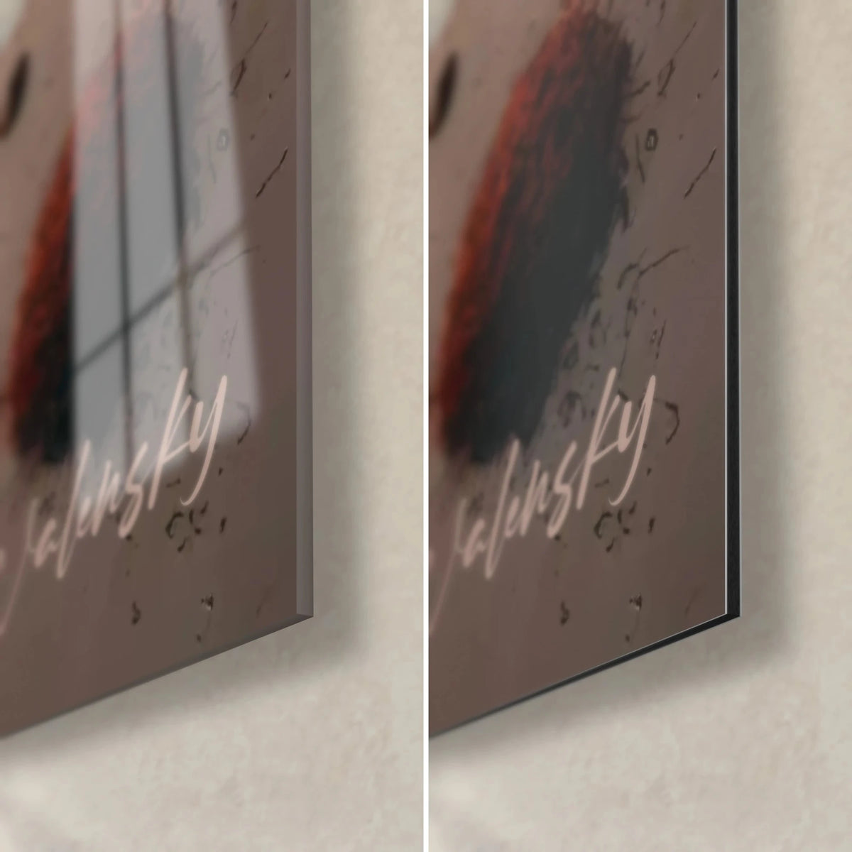 Tableau fèves de café en apesanteur, coin bas droit: verre brillant aux reflets, Dibond mat gris et tranche fine de 3 mm