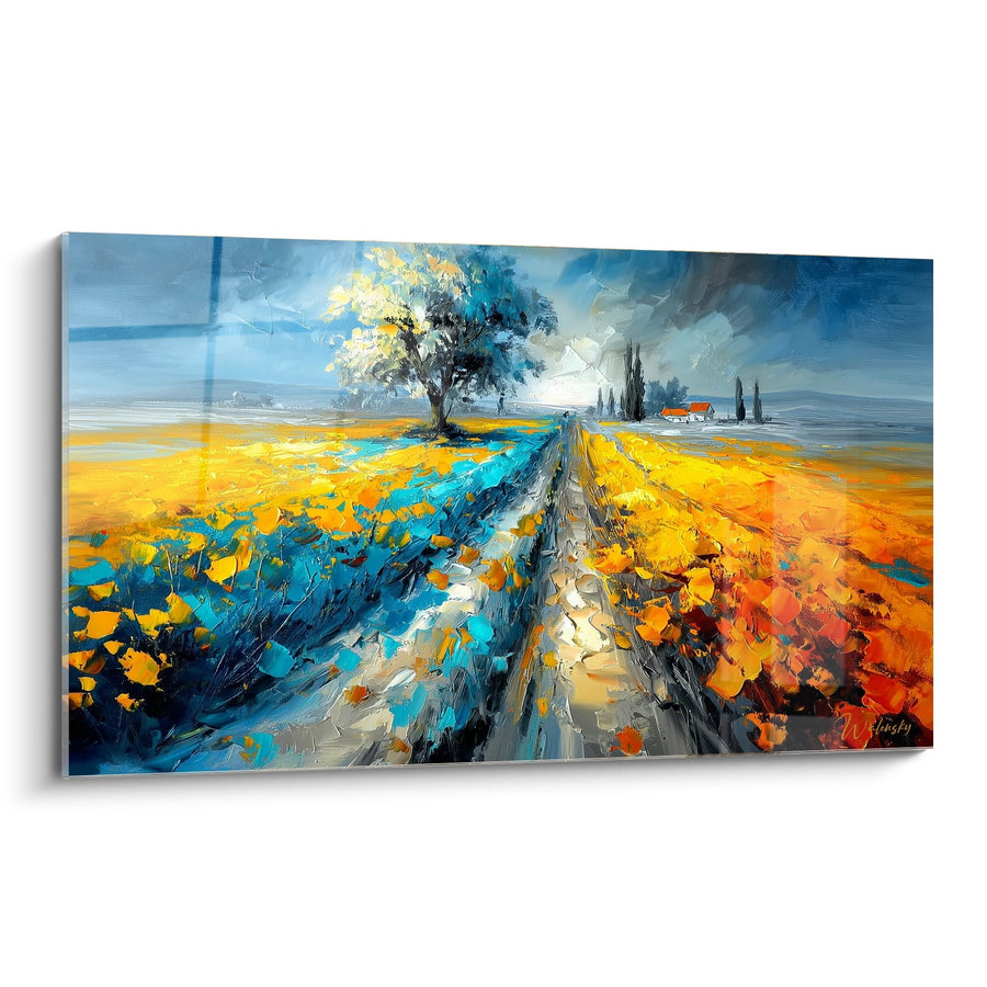 Tableau Prairie Dorée avec Sentier Serpentant vers Coquelicots Lumineux - Chemin Fleuri - Edition Coquelicot